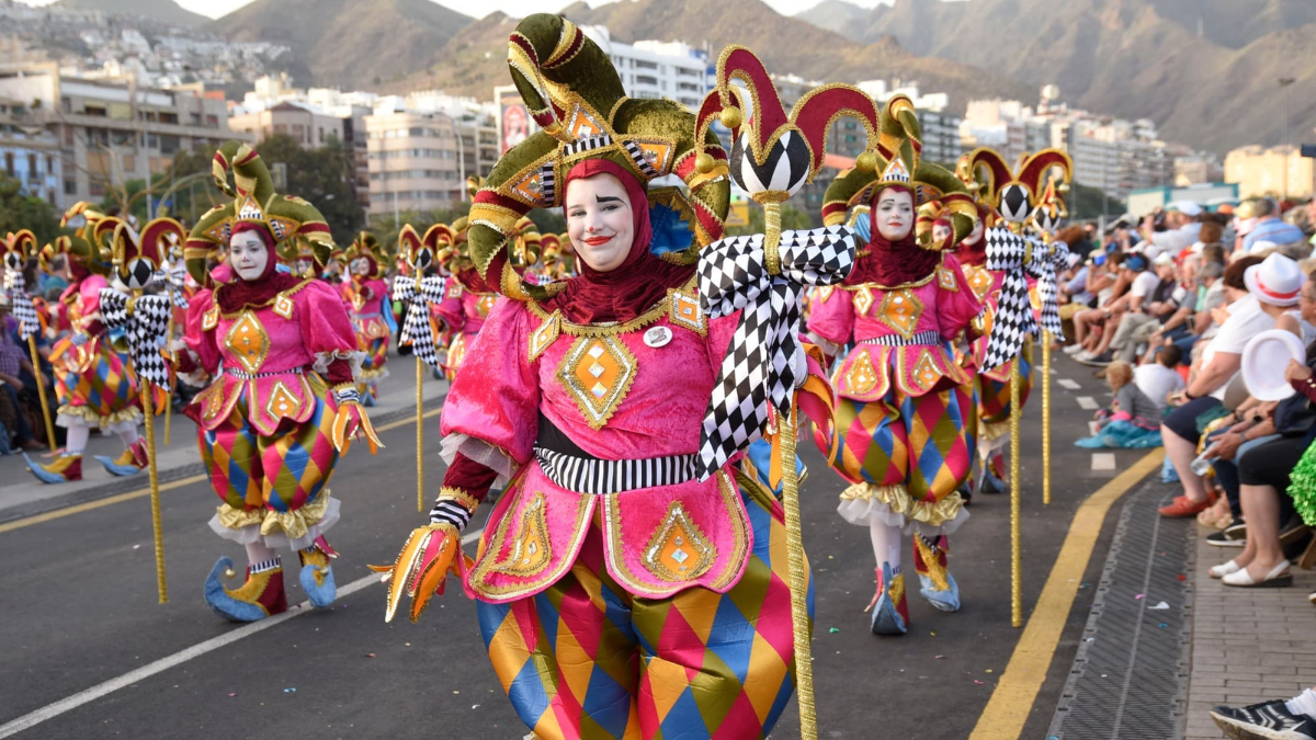 Carnival in Spain - People dressed as harlequins in the Carnival parade in Santa Cruz de Tenerife  
