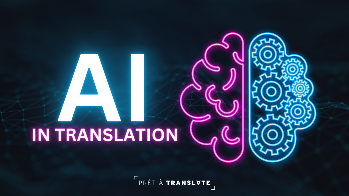 The text AI in translation is accompanied by an illustration of a brain divided in the left and right hemispheres, the left showing the nerve cells, the right showing a machine gear.
