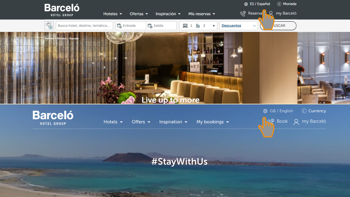 Hotel website featuring a global gateway with English and Spanish translations.
