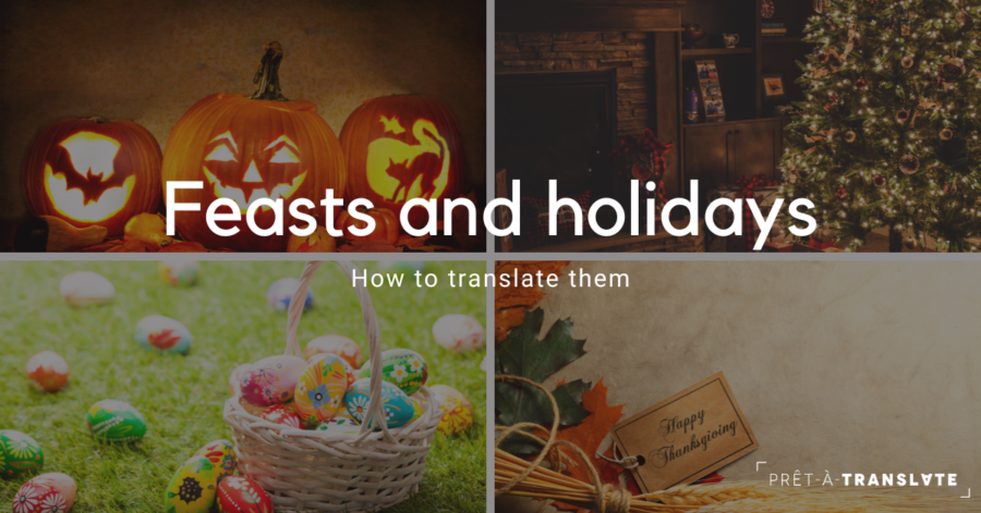 Images of different feasts and the text "Feasts and holidays. How to translate them".