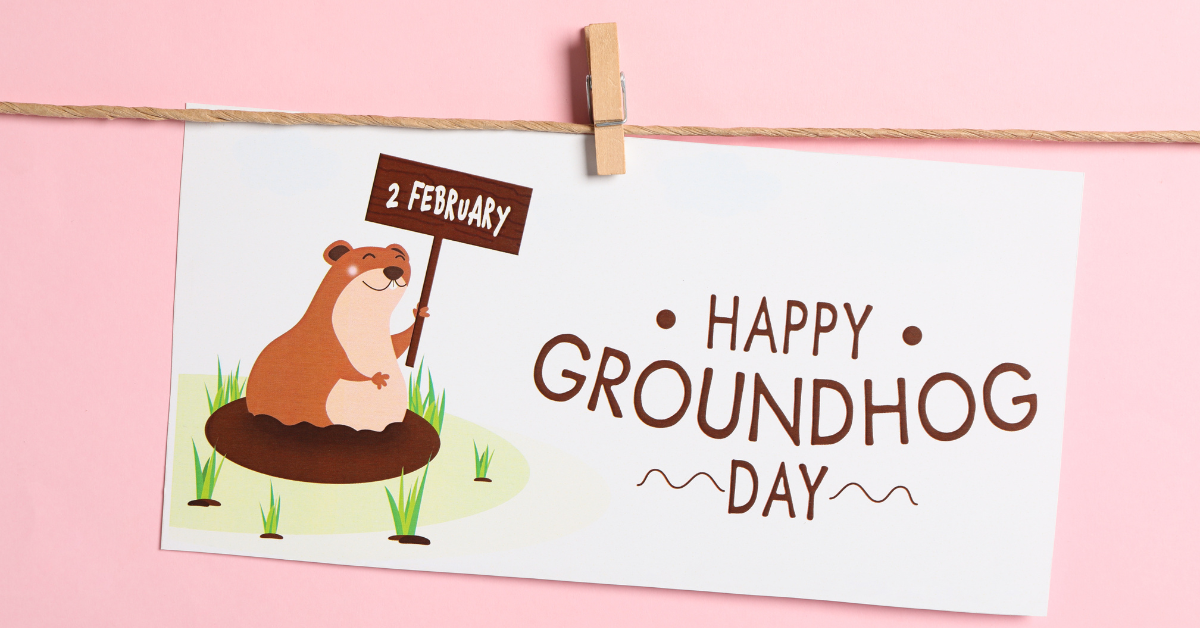 Illustration with the title "Happy Groundhog Day" and an illustration of a groundhog with a banner with the text "2 February".