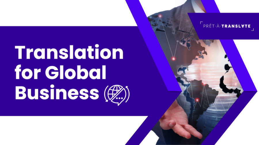 a man, a digital map of the world and the text Translation for global business